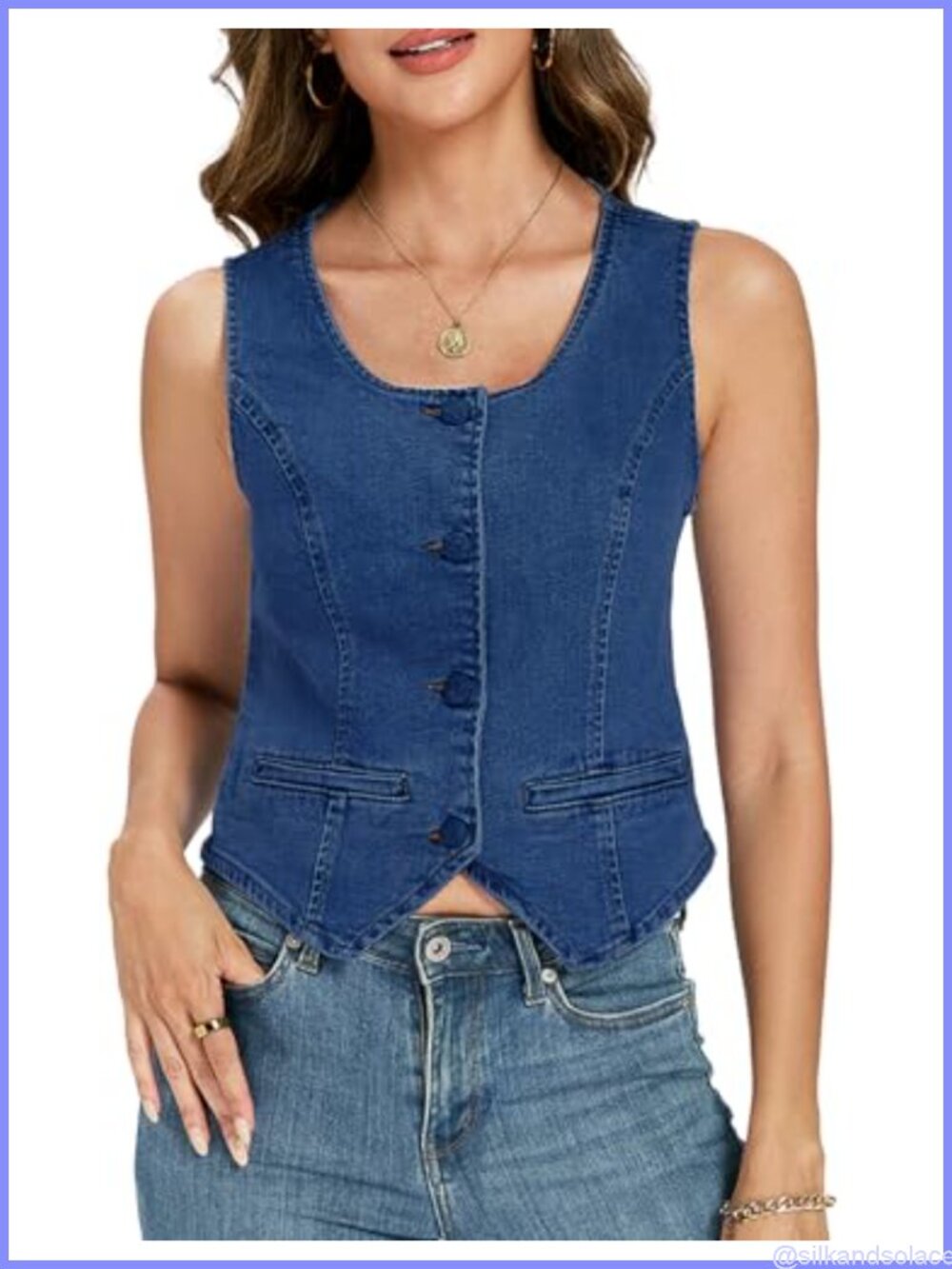 Women's Cropped Denim Vest Square Neck Sleeveless Jean Waistcoat Button Down
